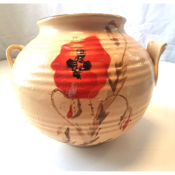 Ceramic Poppy Vase Wide Scroll Handles Art Deco Circa 1940s Floral Pottery - Picture 7 of 11